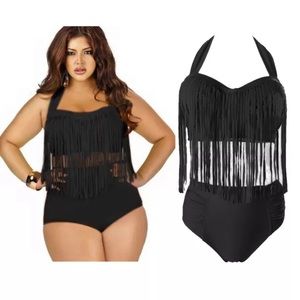 Black high waisted bikini with fringe