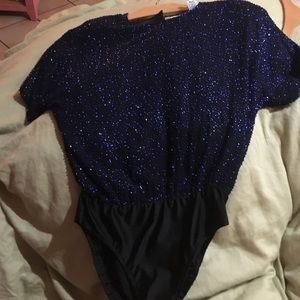 Black tie Oleg Cassini beaded night blue bodice