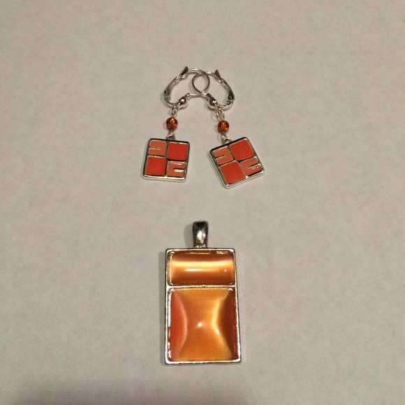 Orange pendant and earrings