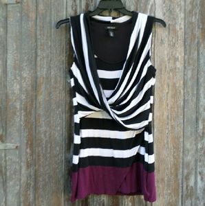 Striped black, white, & burgundy sleeveless tunic