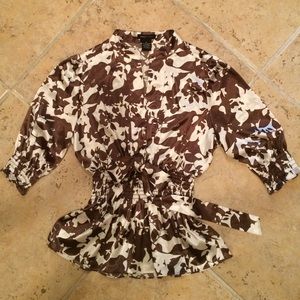 BCBGMaxazria silky tropical print cinch waist top