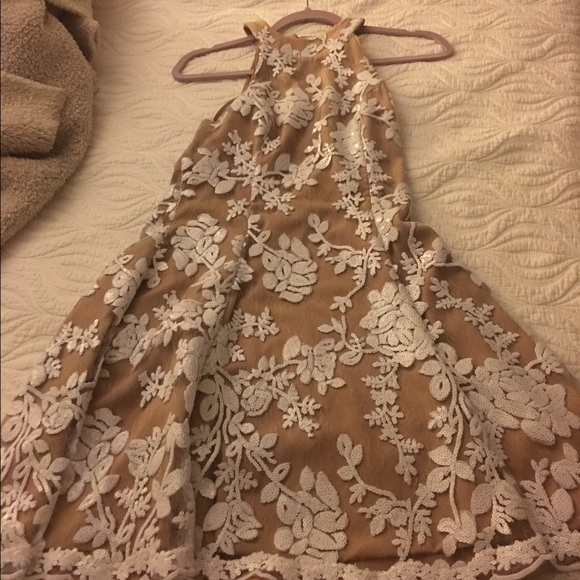 Abbie, fit /flare, sequin,nude/white dress, M - Picture 2 of 4