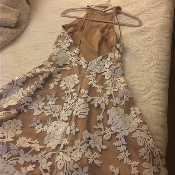 Abbie, fit /flare, sequin,nude/white dress, M - Picture 3 of 4