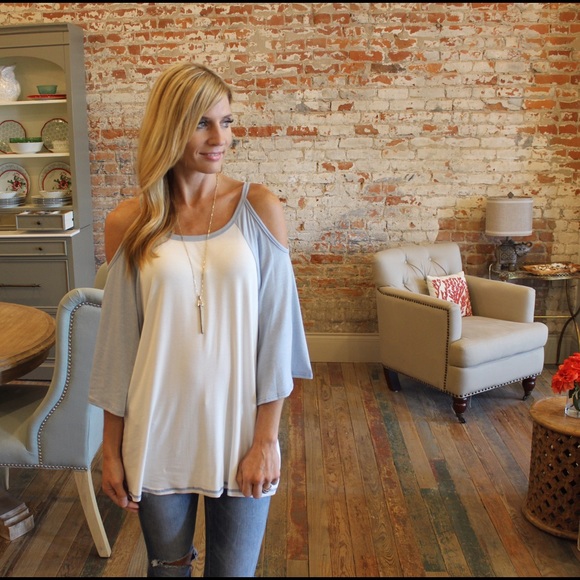 Tops - Ivory and blue baseball T with open shoulders