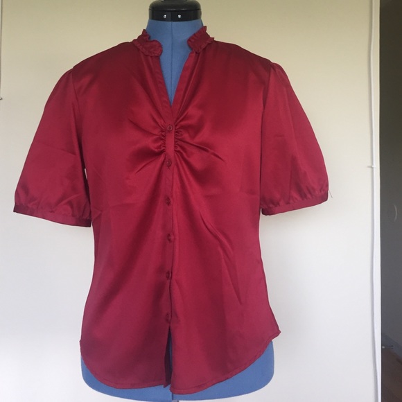 Red silk v-neck short sleeve blouse - Picture 1 of 1
