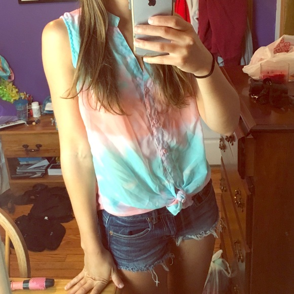 Blue and pinkish button down shirt
