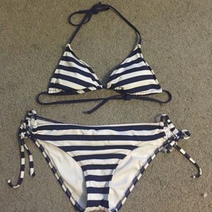 Navy blue and white striped bikini