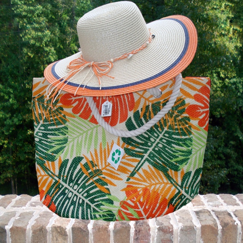 Beach Tote (Orange, Green, Tan) with Hat - Picture 1 of 1