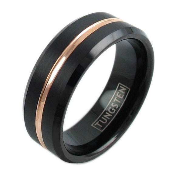 Beautiful black tungsten ring w/ rose gold stripe!