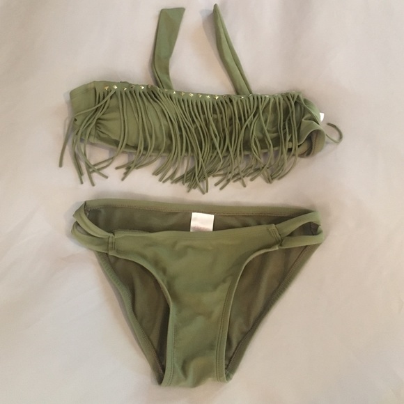 Army green and gold fringe bikini