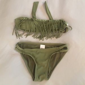 Army green and gold fringe bikini