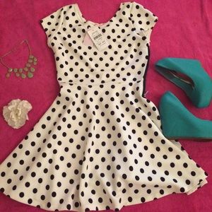 Polka dot Love Ady dress in textured ivory & black