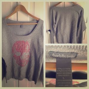 Gray sweater with Pink and Rhinestone Skull