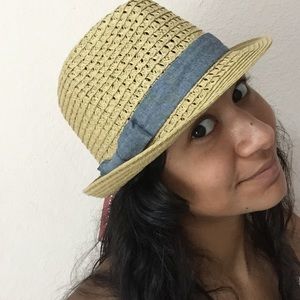 Straw fedora hat with blue ribbon