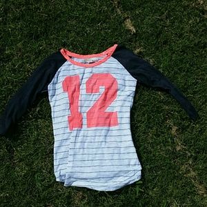 "12" varsity derek heart stripe neon peach t-shirt