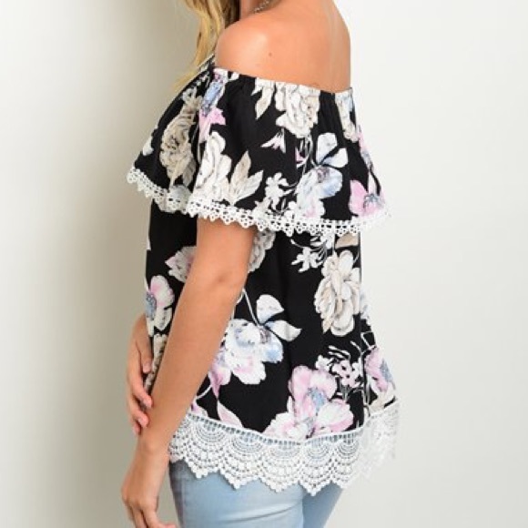 🎈LAST ONE🎈Black Floral Flounce Off Shoulder Top - Picture 2 of 4