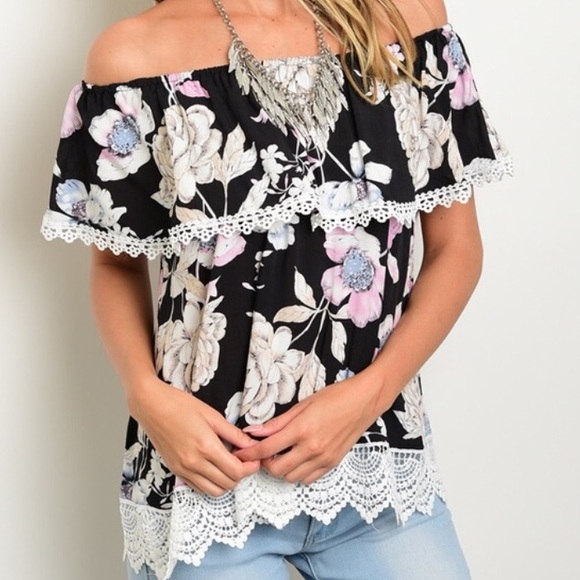 🎈LAST ONE🎈Black Floral Flounce Off Shoulder Top - Picture 4 of 4