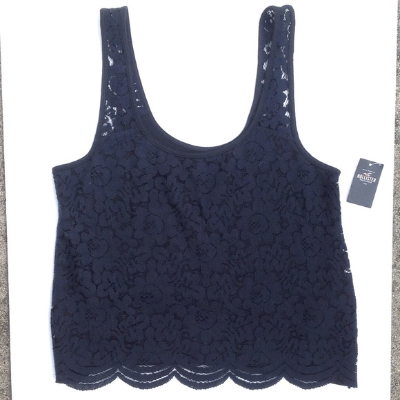 Hollister Navy Scalloped Lace Crop Tank Top NWT