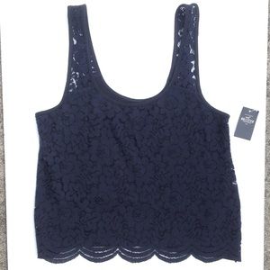 Hollister Navy Scalloped Lace Crop Tank Top NWT