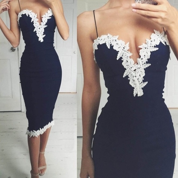 Midi Navy Bodycon Dress with Crotchet Trim