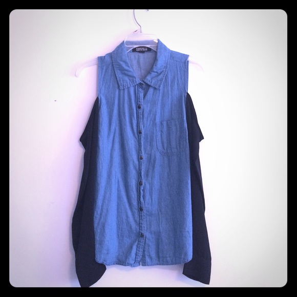 Denim Button Down Top with Shoulder Cut-Outs