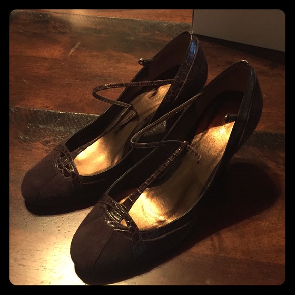 Brown Suede T-Strap Heels