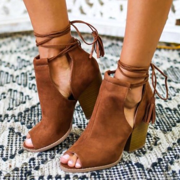 Brown peep toe laced booties