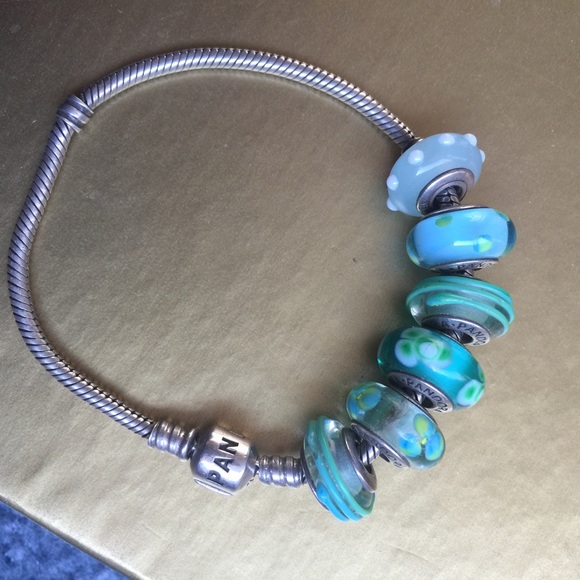 6 blue and green glass Pandora beads
