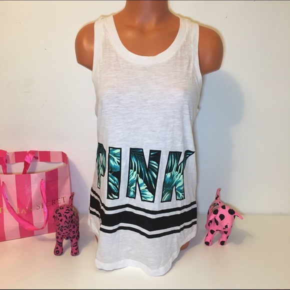 PINK Victoria's Secret Tops - NEW PINK VS LOGO PALM PRINT MUSCLE TANK