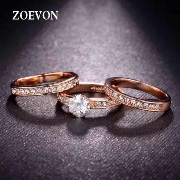 Rose Gold Solitaire Three Ring Wedding Set - Picture 2 of 4
