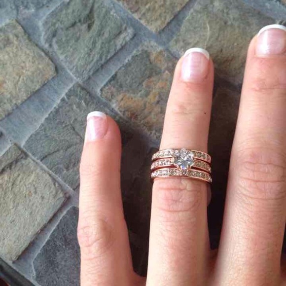 Rose Gold Solitaire Three Ring Wedding Set - Picture 3 of 4
