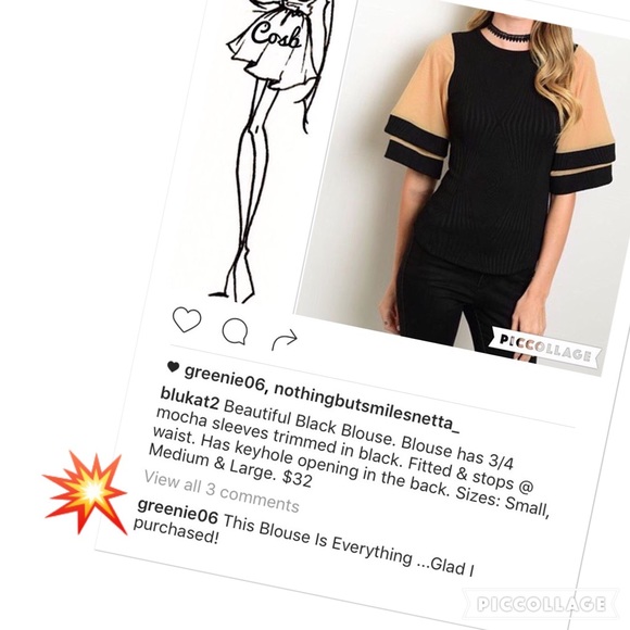 1/2 Price! Black Blouse w/Mocha & Black Sleeves. - Picture 3 of 3