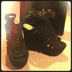 Black Strappy Suede Wedges