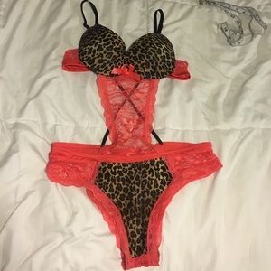 Sexy red lace and cheetah print push-up teddy