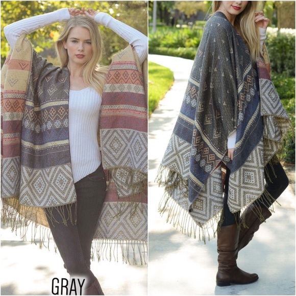 Gray Multi Pattern Tassel Poncho - Picture 2 of 3