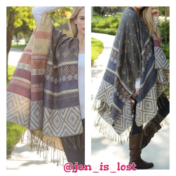 Gray Multi Pattern Tassel Poncho - Picture 3 of 3