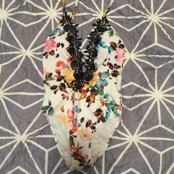 One Piece flora bathing suit with lace detaining