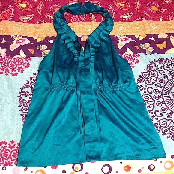 💙 THE LIMITED S BLUE SILK RUFFLE HALTER BLOUSE - Picture 5 of 8