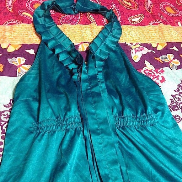 💙 THE LIMITED S BLUE SILK RUFFLE HALTER BLOUSE - Picture 6 of 8