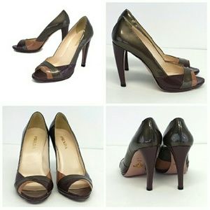 Prada- Taupe Patent Leather Peep Toe Pumps Sz 8.5 Prada- Taupe Patent Leather Peep Toe Pumps Sz 8.5