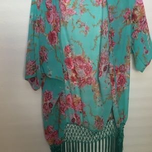 Teal Floral Printed Kimono