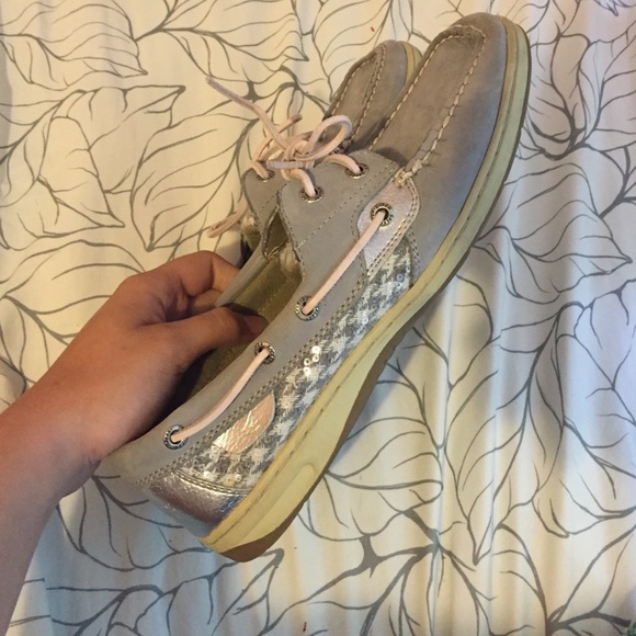 Grey sperrys wth white and grey sparkly pattern