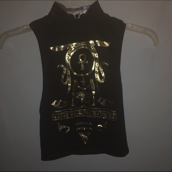 Fitted Black Crop Top with Gold Design - Picture 1 of 2