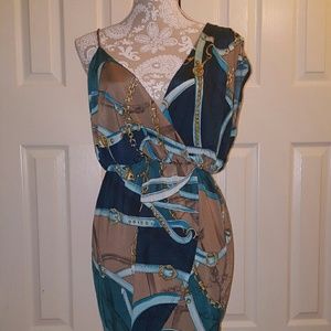 Belt and chain print, asymmetrical mini dress