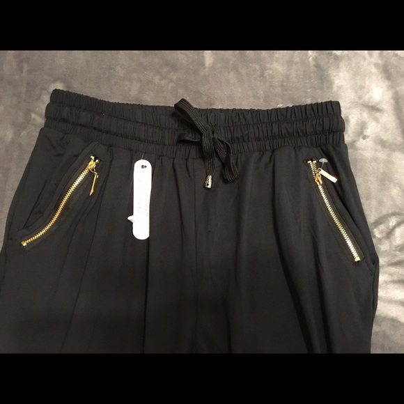 Black Stretchy "Joggers" with Gold zippers - OS