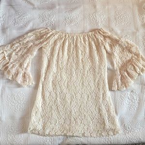 Designer Elan! Cream, off shoulder, lace dress.