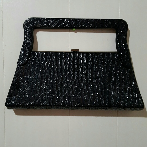 Vintage Black Faux Croc Handbag Purse