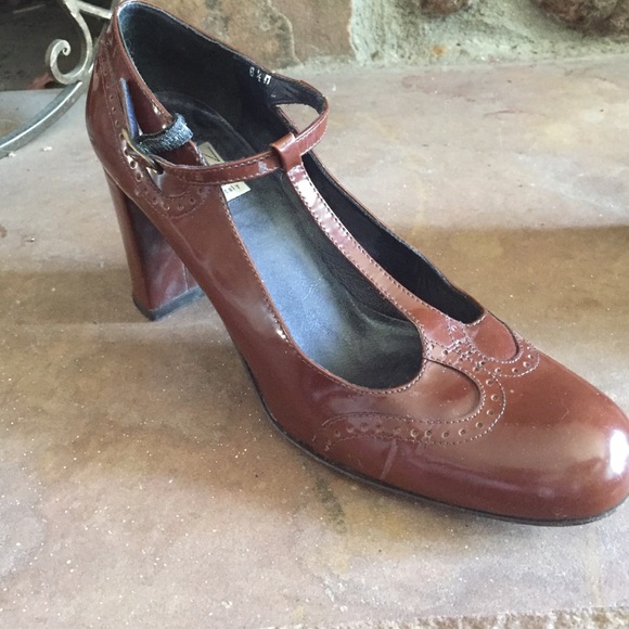 Brown patent leather t-strap heels