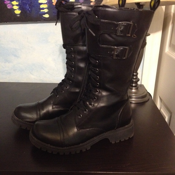 volatile black strap combat boots