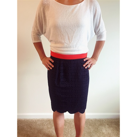 Never worn scallop navy skirt, red waist detail